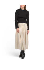 Image of sale on Long Sleeve Mock Neck Dropped Waist Mixed Media Maxi Dress