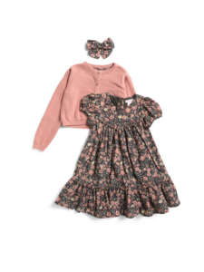 Image of sale on Toddler Girls Puff Sleeve Corduroy Dress with a Cardigan and Hair Bow
