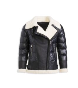 Image of sale on Shearling Trim Leather Down Puffer Jacket