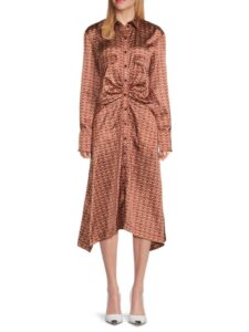 Image of sale on Print Ruched Satin Midi Dress