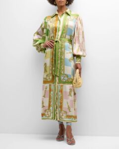 Image of sale on Checkmate Silk Balloon-sleeve Midi Shirtdress