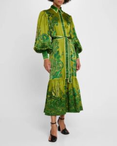 Image of sale on Solaris Silk Twill Belted Lantern-sleeve Maxi Shirtdress