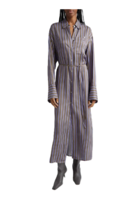 Image of sale on Delestina Stripe Long Sleeve Satin Shirtdress