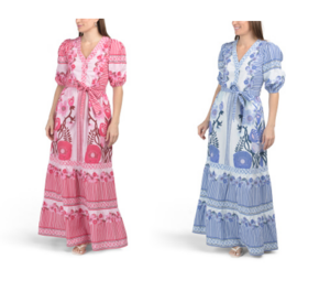 Image of sale on Short Sleeve Floral Striped Maxi Dress with Waist Tie