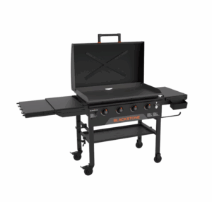 Image of sale on 4 Burner 36″ Original Omnivore Griddle with Hood Gas Grill #2322 Black: Propane Powered, Cast Iron Cooking Surface