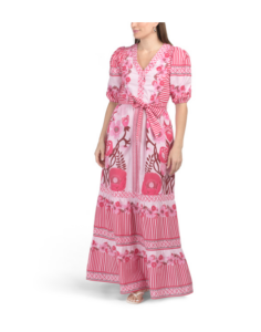 Image of sale on Short Sleeve Floral Striped Maxi Dress with Waist Tie