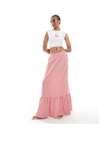 Image of sale on Tiered Hem Maxi Skirt in Red Gingham Print