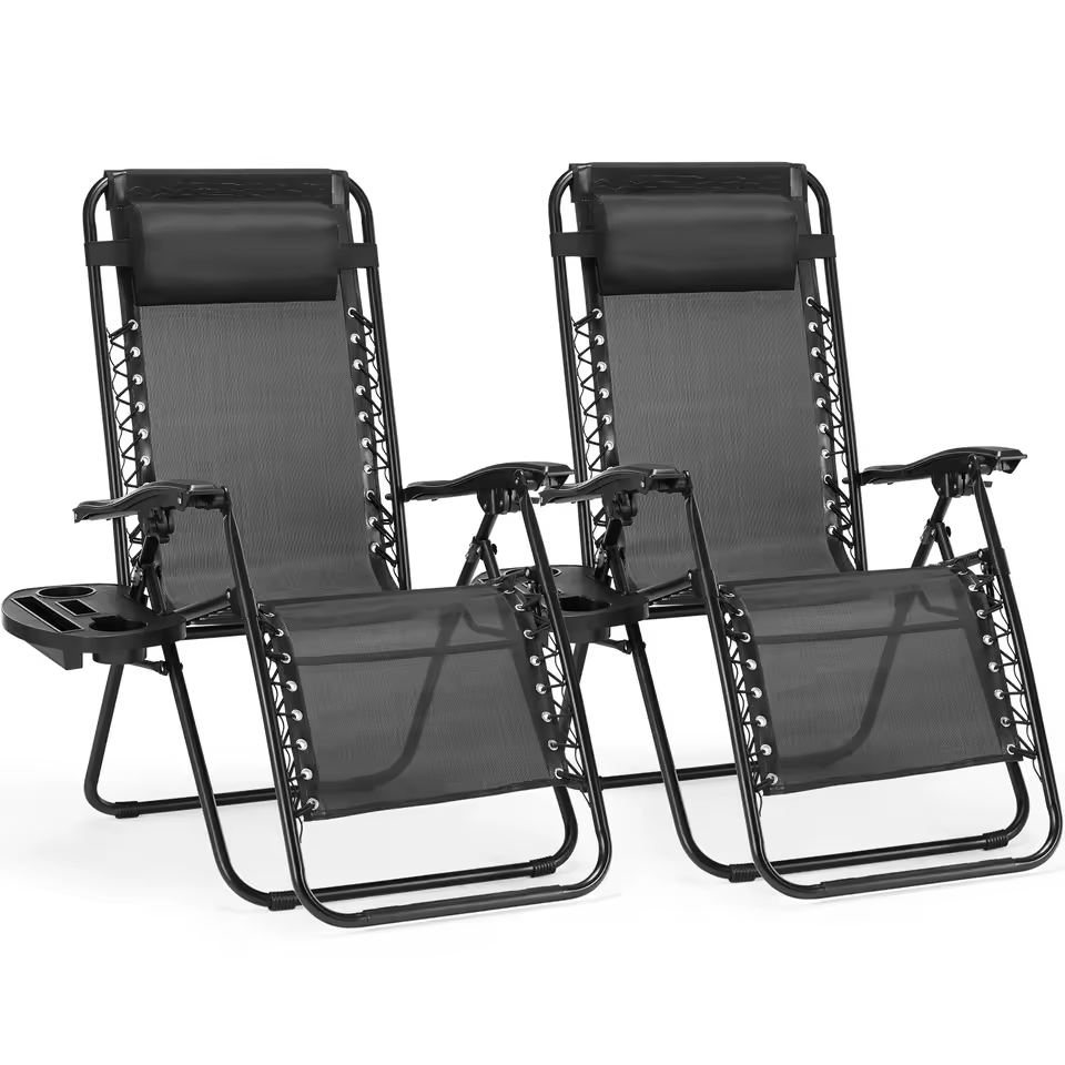 Image of sale on Set of 2 Zero Gravity Portable Recliner Chair with Cup Holder Trays and Adjustable Pillow