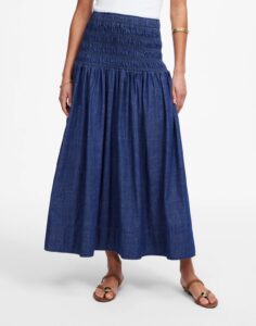 Image of sale on Smocked-waist Denim Midi Skirt in Rinse Wash
