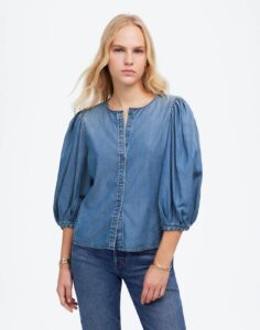 Image of sale on Denim Puff-sleeve Button-up Top