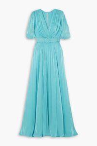 Image of sale on Brennie Belted Metallic Plissé-lamé Gown