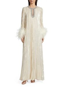 Image of sale on Metallic Plissé Feather-trim Maxi Dress
