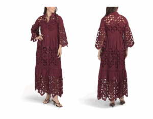Image of sale on Long Sleeve Laser Cut Eyelet Trim Maxi Dress