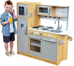 Image of sale on Kidkraft Uptown Natural Wooden Play Kitchen with Play Phone, Chalkboard & Towel Rack, Gift for Ages 3+