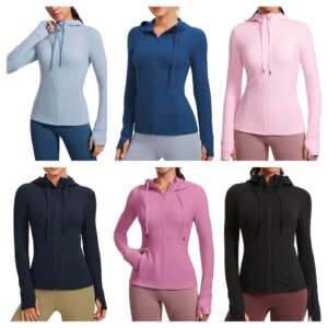 Image of sale on Crz Yoga Butterluxe Womens Hooded Workout Jacket Athletic Running Zip Up with Back Mesh Vent and Thumb Holes