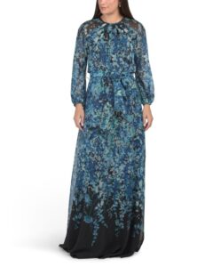 Image of sale on Chiffon Floral Print Three-quarter Sleeve A-line Maxi Dress