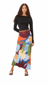Image of sale on Satin Maxi Skirt in Blue Abstract Print