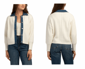 Image of sale on Thick Cable Knit Jacket Sweater with Denim Trim