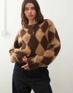Image of sale on Argyle knit fluffy cardi in chocolate brown