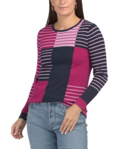 Image of sale on Pima Cotton Striped Color Block Crew Neck Sweater