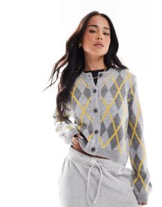 Image of sale on Miss Selfridge Crew Neck Argyle Cardigan