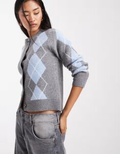Image of sale on Knit Cardigan In Gray Argyle