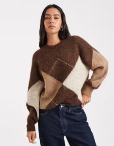 Image of sale on Fluffy Knit Sweater In Brown Argyle