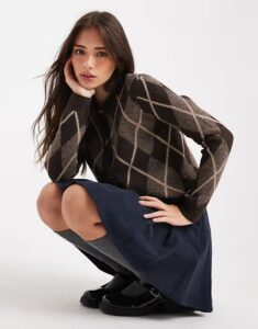 Image of sale on Threadbare button down crew neck cardigan in brown argyle
