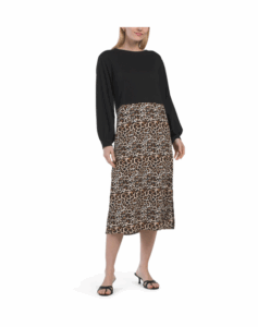 Image of sale on Mixed Media Knit Top With Leopard Skirt Midi Dress