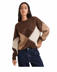 Image of sale on Fluffy Knit Sweater in Brown Argyle