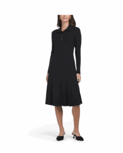 Image of sale on Gold Tone Button Midi Sweater Polo Dress with Long Sleeves