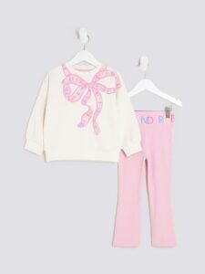 Image of sale on River Island Cream Bow Sweatshirt & Rainbow Waistband Kickflare Leggings Set