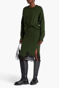 Image of sale on Layered Lace-trimmed Knitted Midi Dress