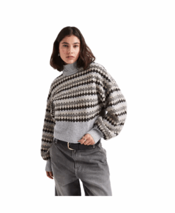 Image of sale on High Neck Blouson Sleeve Knit Sweater in Neutral Diamond Print