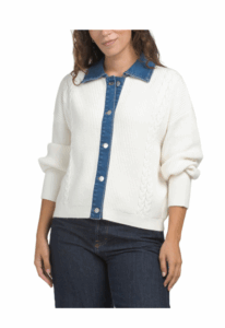 Image of sale on Chunky Cable Knit Sweater with Denim Trim