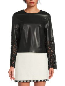 Image of sale on Lara Lace-trim Faux Leather Top