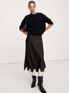 Image of sale on Stretch-satin Lace-hem Midi Skirt