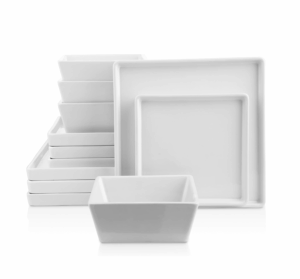 Image of sale on Stone Lain Grace Square Stoneware Dinnerware Set, 12 Piece Service for 4, Plates and Bowls Dish Set, White