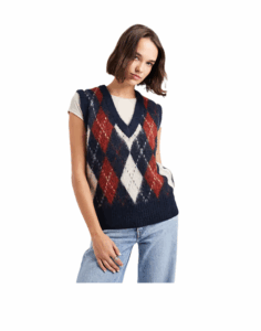 Image of sale on Fluffy Knit Vest in Navy Argyle