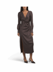 Image of sale on Leona Twist Front Long Sleeve V-neck Dress with Satin Finish