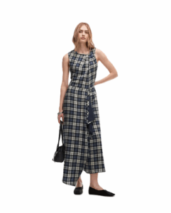 Image of sale on Asymmetric Midi Dress with Twist Detail in Blue Plaid