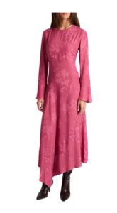 Image of sale on Rachel Long Sleeve Asymmetric Midi Dress in Floral Jacquard
