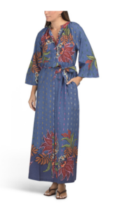 Image of sale on Mock Neck Bell Sleeve Denim Floral Maxi Dress