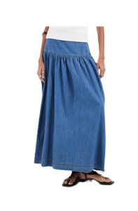 Image of sale on Dropped Waist Denim Maxi Skirt in Mid Blue