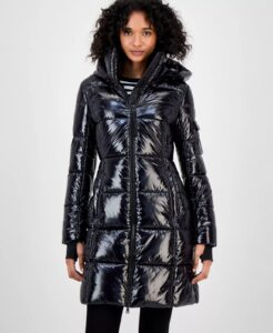 Image of sale on Women’s Hooded Thumbhole-cuff Shine Puffer Coat