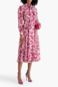 Image of sale on Pussy-bow Metallic Floral-print Crepon Midi Dress
