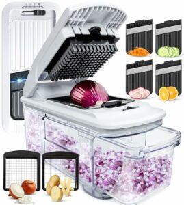 Image of sale on Fullstar Mandoline Slicer for Kitchen – Vegetable Chopper, Onion Potato Food Veggie Fruit Slicer and Cutter with Container (4 in 1, Black/white)
