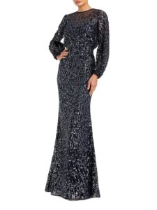 Image of sale on Beaded Mesh Long-sleeve Blouson Gown
