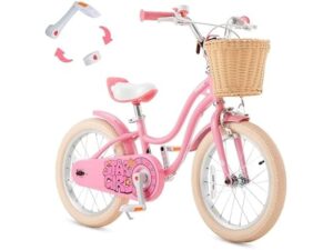 Image of sale on Royalbaby Girls Bike Ez Kids Bike, Balance and Pedal Bicycle, Dual Handbrakes with Kickstand, 18 Inch Toddlers to Big Kids 5-8 Years, Pink
