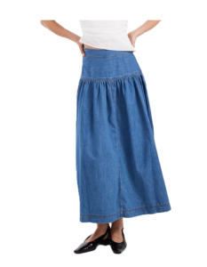 Image of sale on Dropped Waist Denim Maxi Skirt in Mid Blue